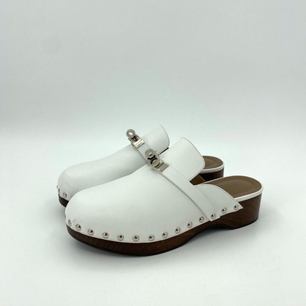 Hermès Womens White Leather Riveted Clogs Size 36 Made In Italy